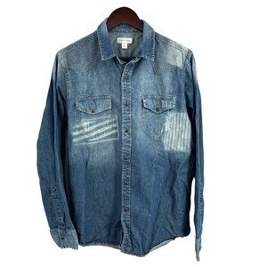 Sun + Stone Mens Shirt Blue Snap Front Distressed Shashiko‎ Stitched Medium